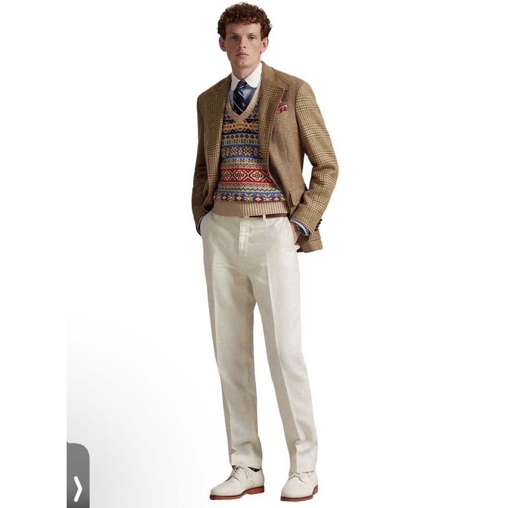 Polo Ralph Lauren Mens 32x32 Cream 100% Linen Suit Trouser Pants Pleated Hemmed